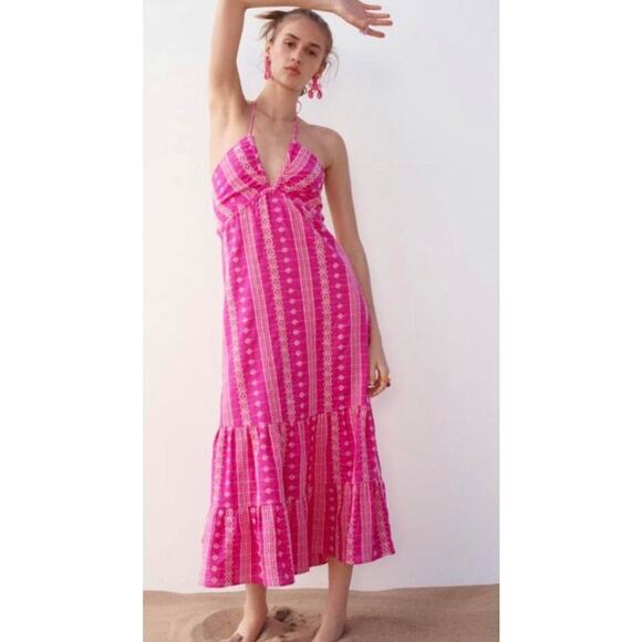 Zara Pink Fuschia Embroidered Midi Dress, Medium - Picture 5 of 5